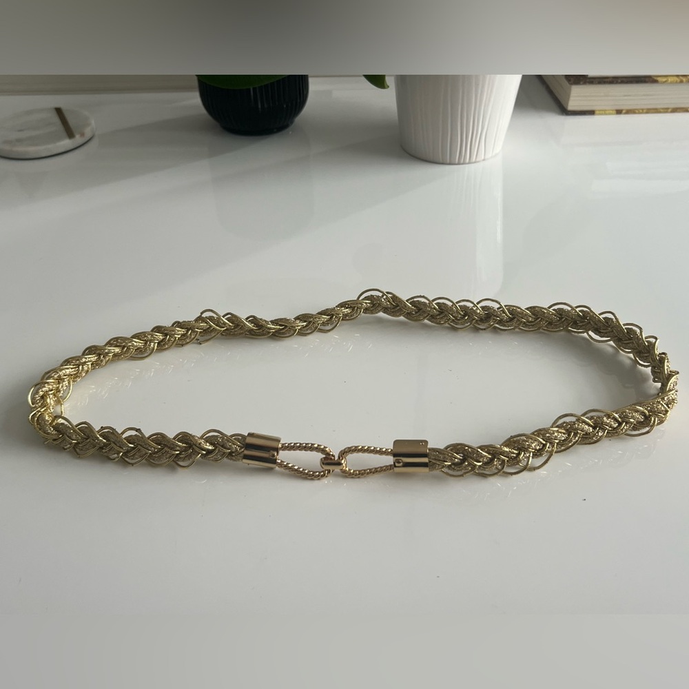Vintage Elegant Gold Braided Shiny Sparkle Belt with Gold Metal Hook Buckle 90s